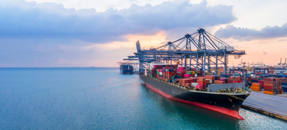 Container ship cargo loading and unloading in sea port, Global b Container ship cargo loading and unloading in sea port, Global business logistic import and export freight transportation by container ship in harbor, Container loading cargo freight ship.